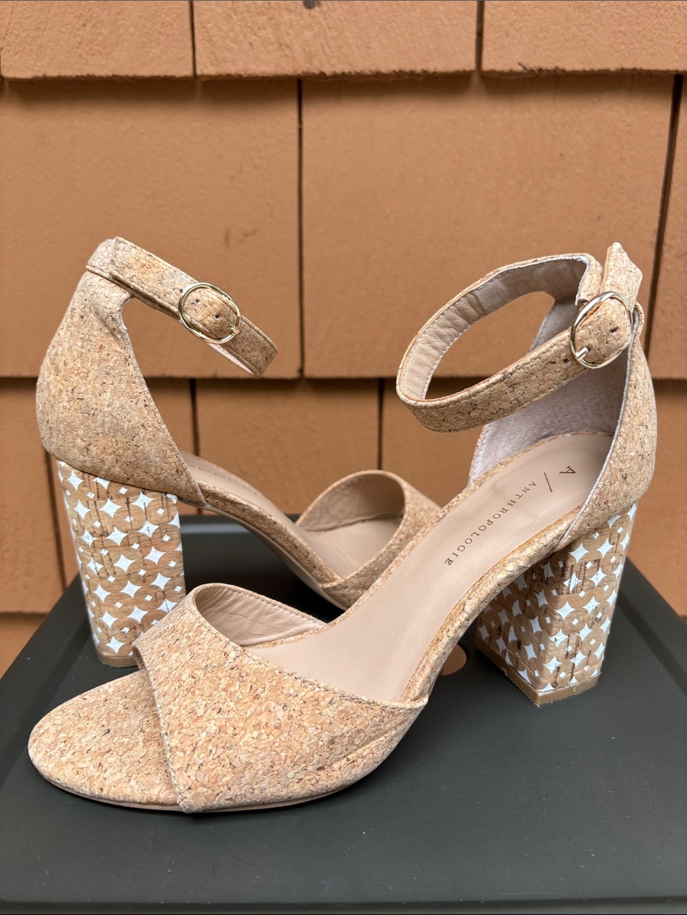 Anthropologie Cork Block Heel Sandals Tan Geometric Retro Open Toe Size 8